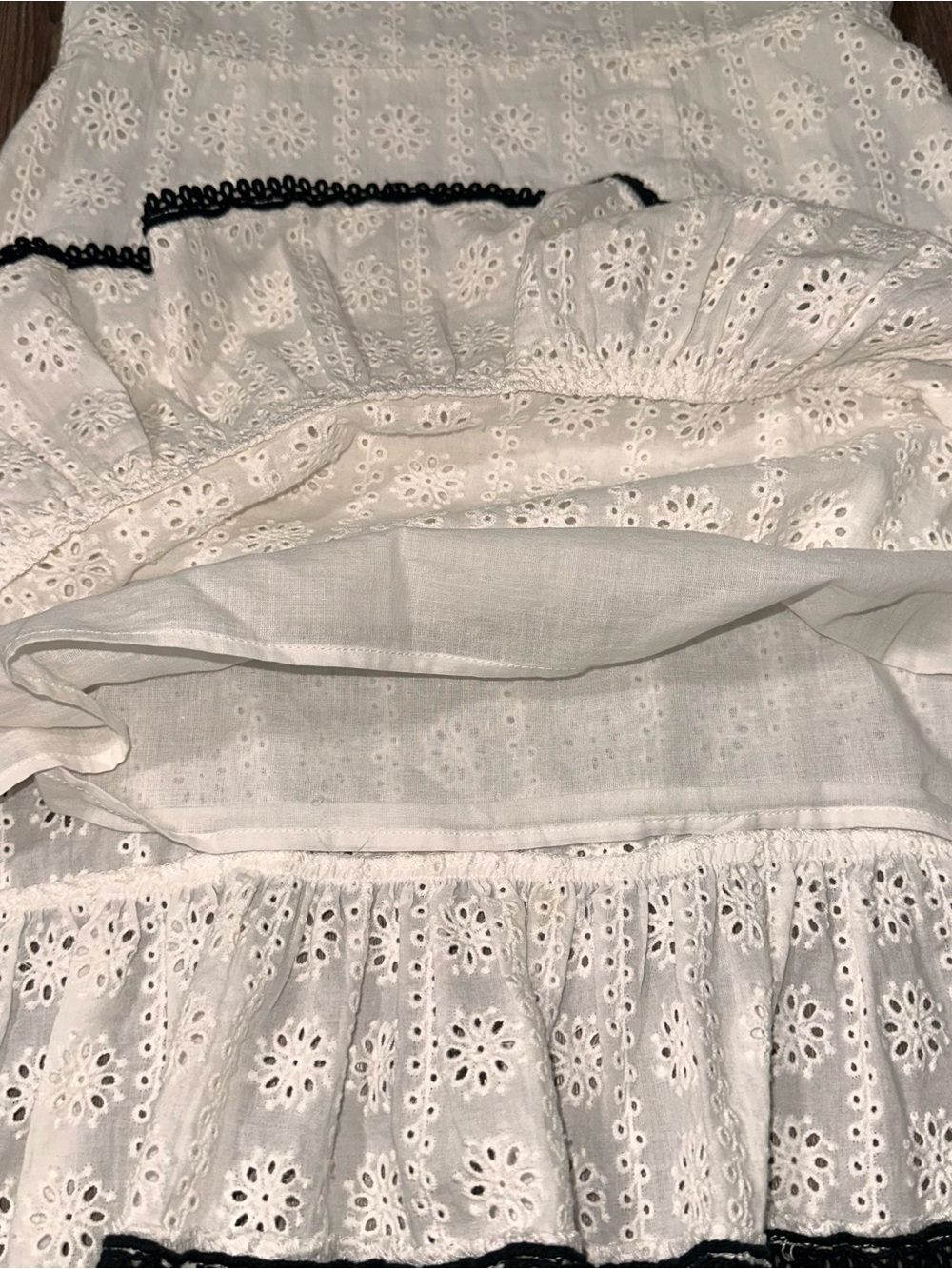 White Eyelet Cotton Mini Dress with Black Trim Cotton Lining Summer NWOT - Picture 4 of 10